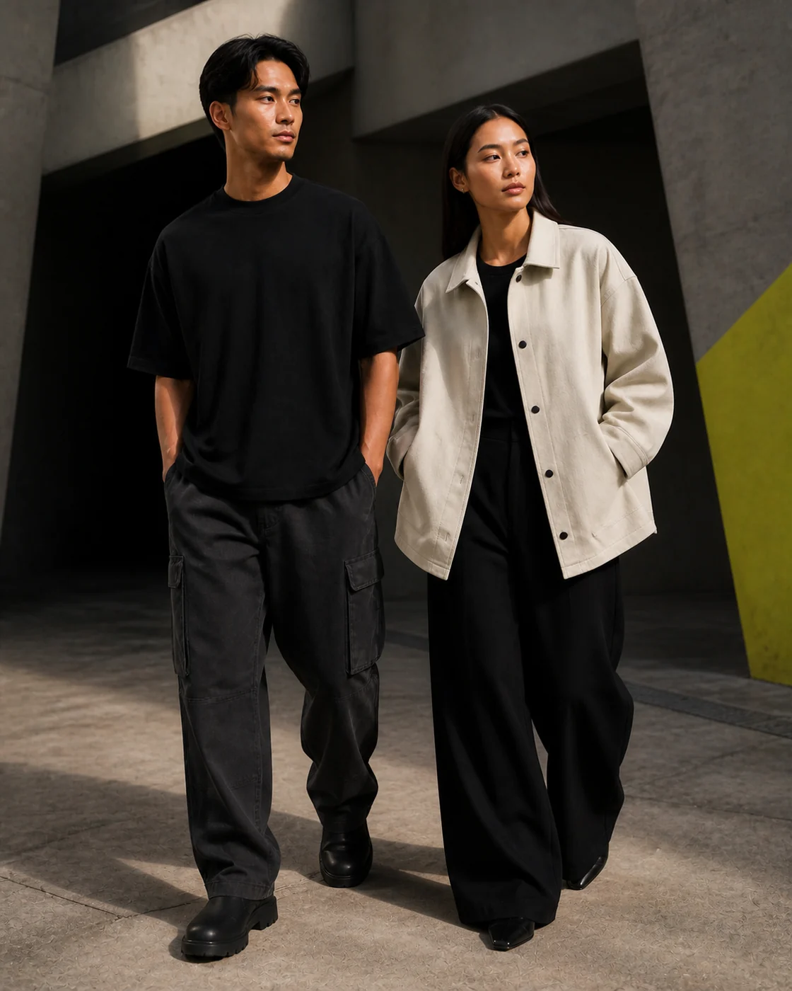 Adult man and woman wearing Street Collective streetwear in a concrete urban setting
